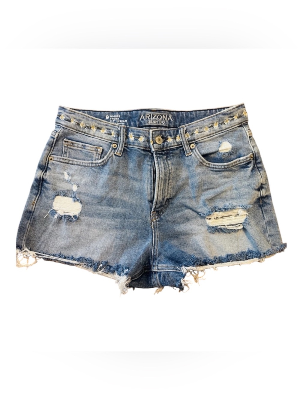 Arizona Y2K Hot Pants Low Rise Distressed Denim Shorts Daisy Embroidered Size 9